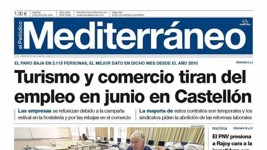 Turismo y comercio tiran del empleo en junio en Castellón, en la portada de Mediterráneo