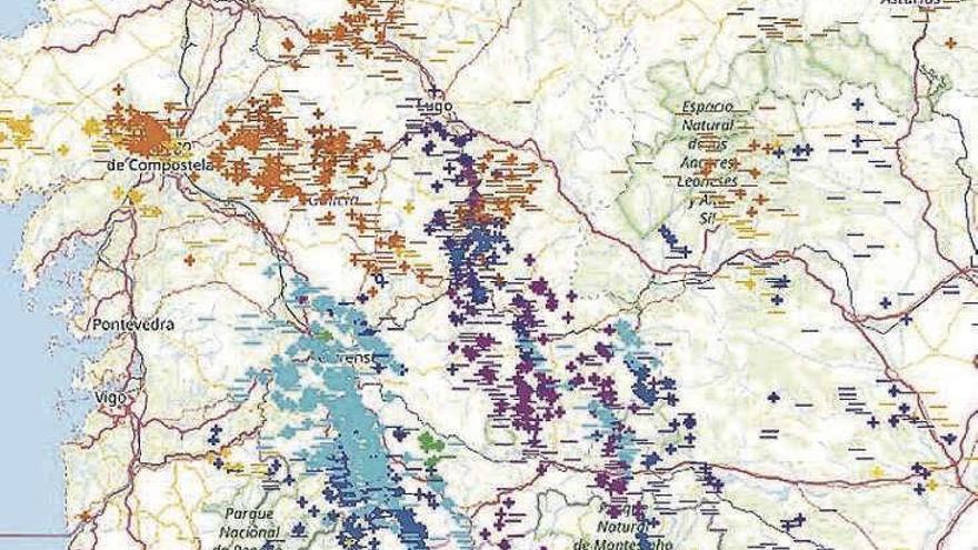 Distribución de los rayos sobre el mapa de Galicia.