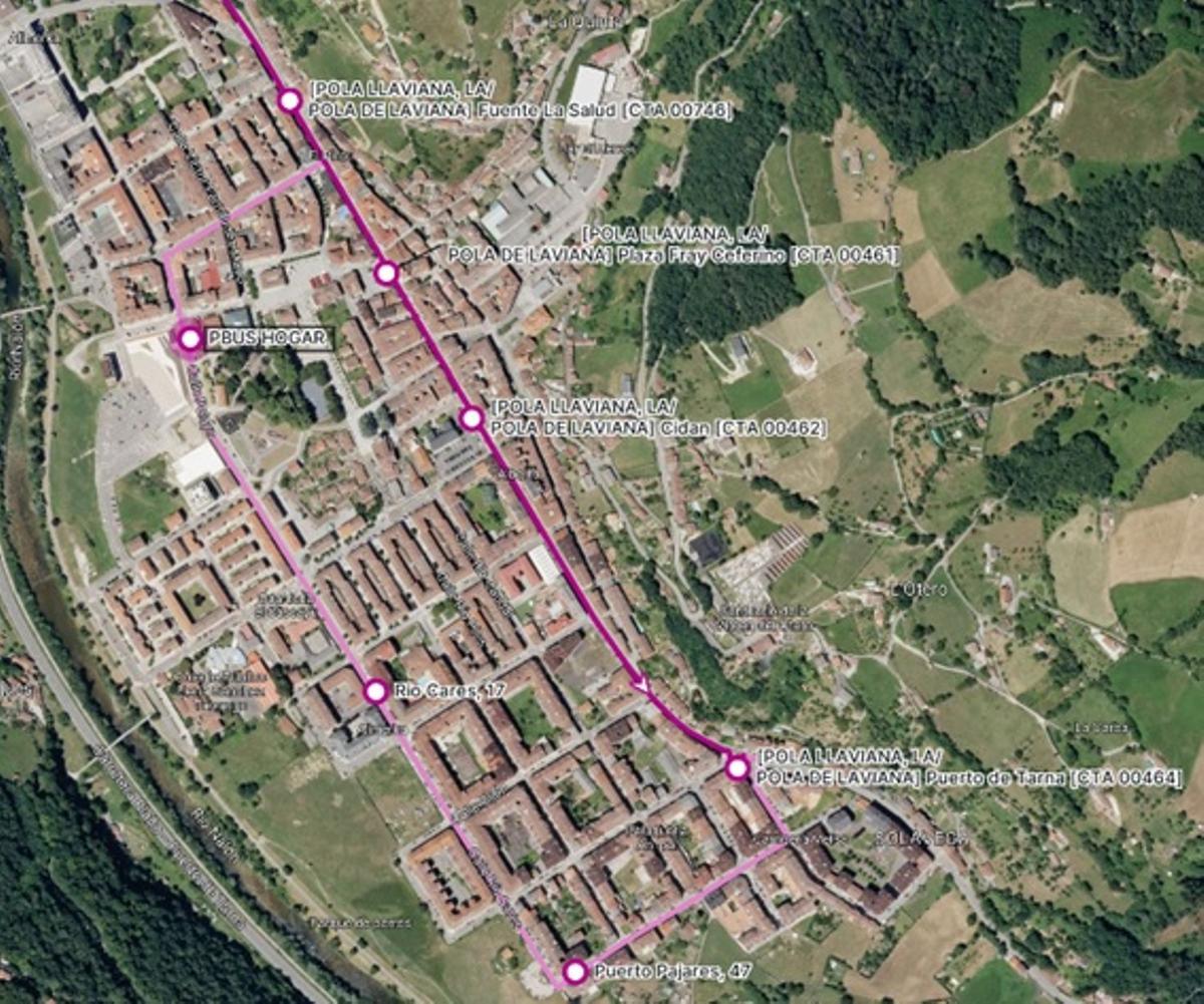 Mapa de las paradas de autobús urbano en Pola de Laviana, desde el lunes.