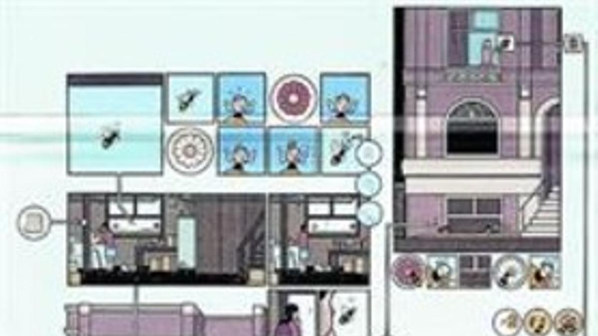 Arriba, todos los tebeos, de distintos formatos, con los que Chris Ware construye 'Fabricar historias'. En la silueta, la caja, y abajo, una página.