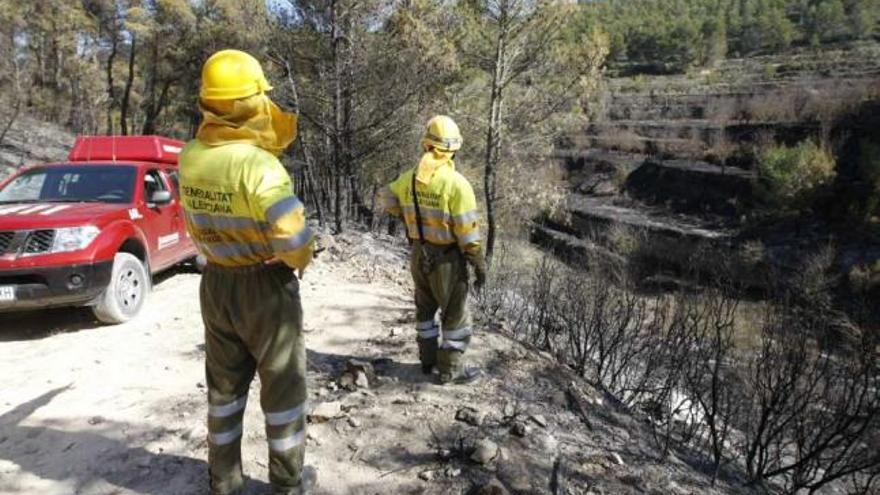 Las brigadas de emergencias estuvieron ayer trabajando para dar por extinguido el incendio de La Torre de les Maçanes.