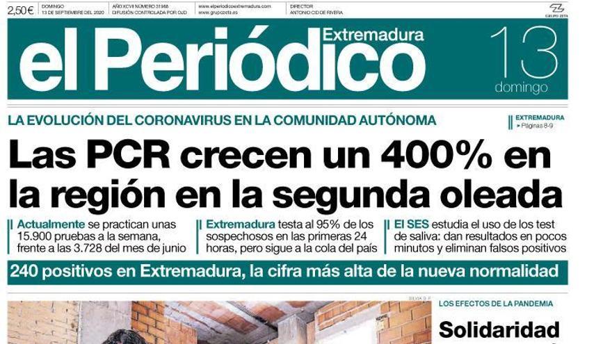 Esta es la portada de EL PERIÓDICO EXTREMADURA correspondiente al día 13 de septiembre del 2020