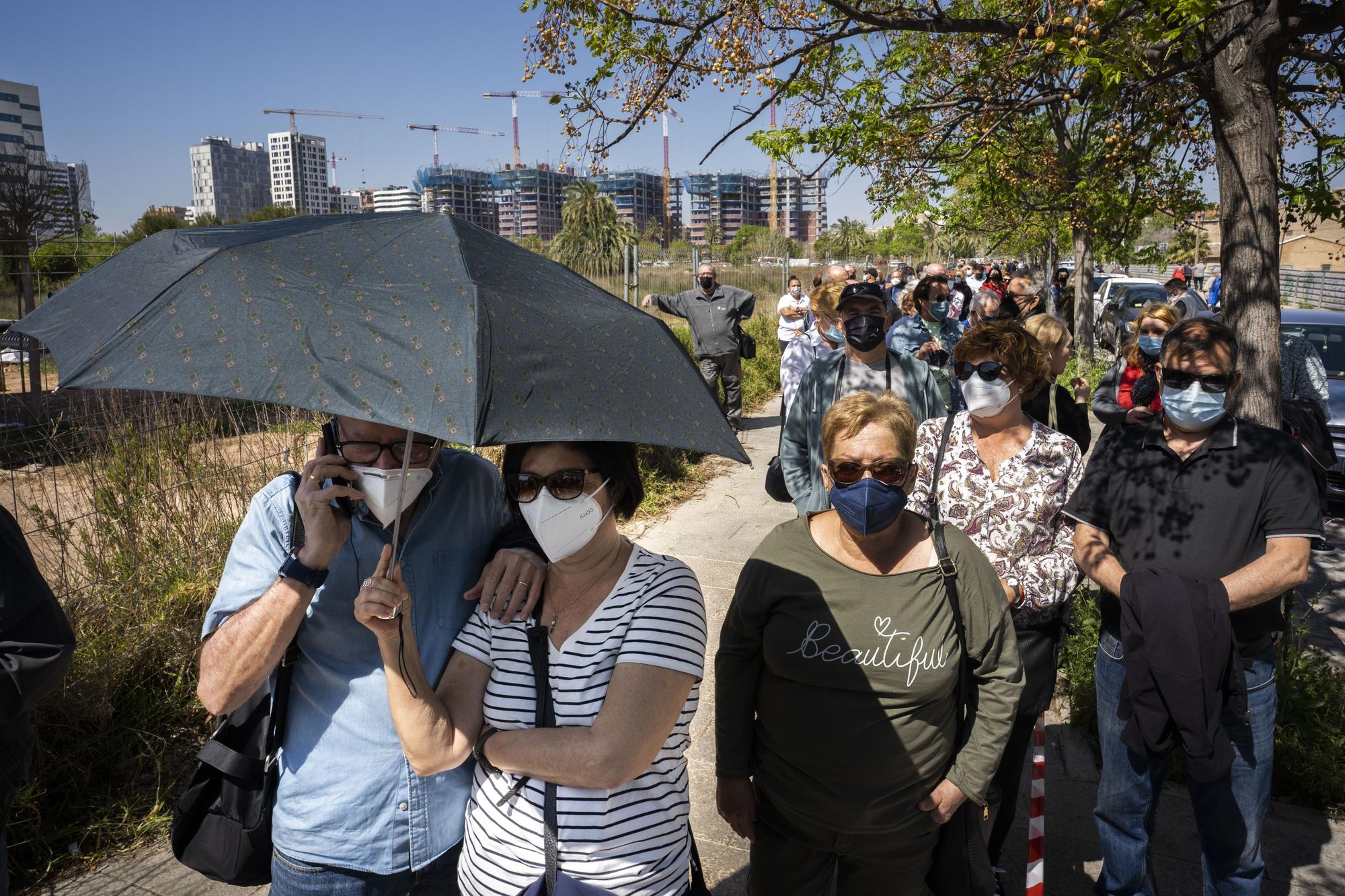 Largas colas al sol para vacunarse contra la COVID-19 en el hospital de campaña de La Fe