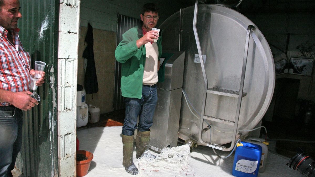 Román Santalla vacía la leche del tanque de su explotación ganadera en una protesta en 2015.