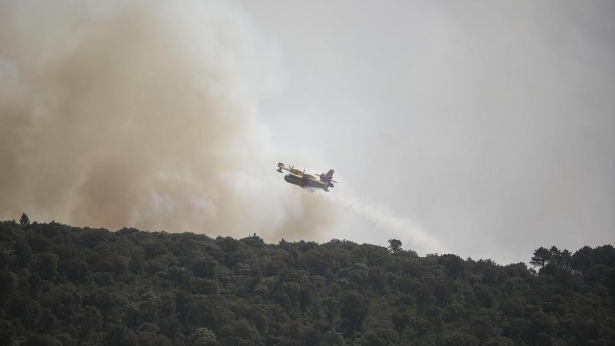 Avión anfibio descarga sobre el incendio en la sierra de la Culebra, en Zamora.