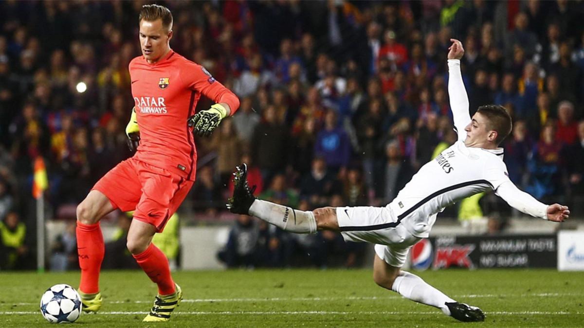 Ter Stegen, en el momento que fue derribad por Verratti en el campo del PSG. Una falta que sería el embrión del 6-1