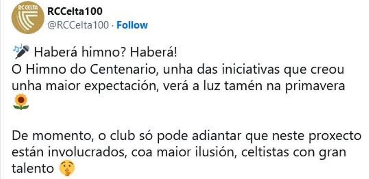 No se sabrá hasta primavera quién se encargará del himno del centenario.