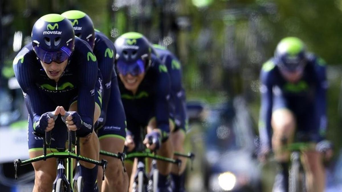 El equipo Movistar compite en la contrarreloj por equipos del Mundial de Ponferrada.