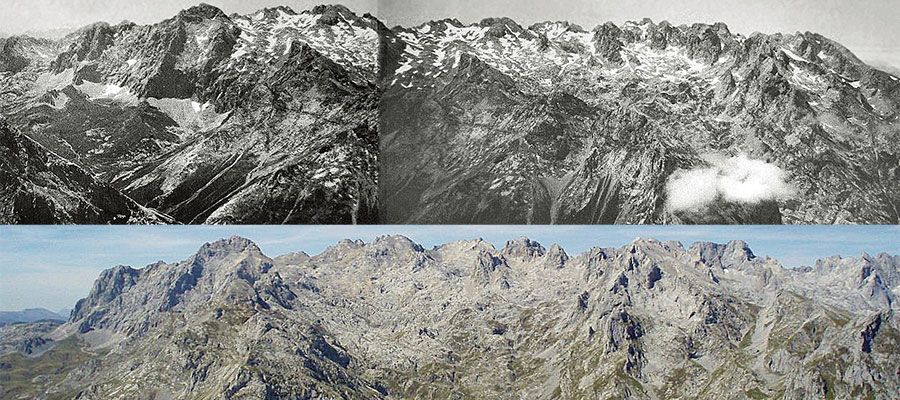 Arriba, el Macizo Central, con abundante nieve, en el ensamblaje de dos fotos sacadas en julio de 1907 por Gustav Schulze desde la Tabla de Lechugales. A la izquierda, foto desde el Cuetu Tejáu en agosto de 2008, ciento un años más tarde, en la que no se ve ni rastro de nieve.