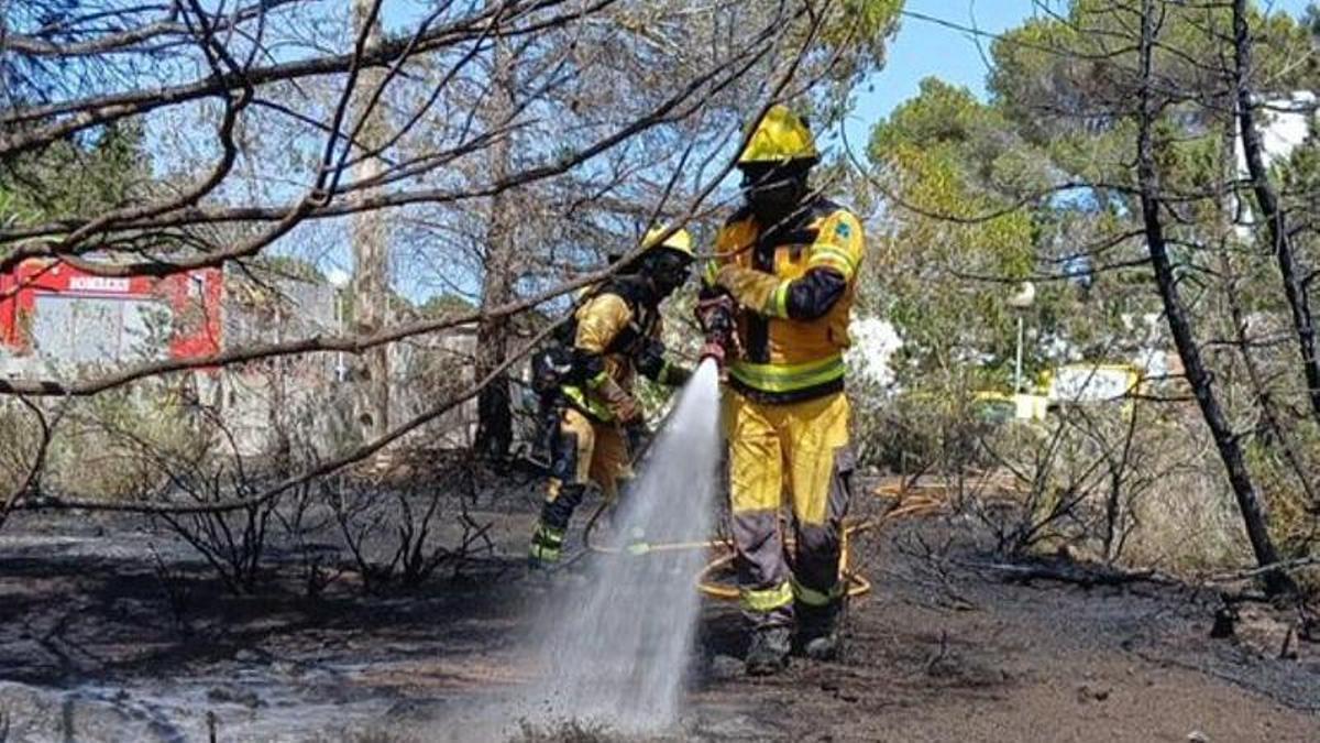 Bomberos trabajan para apagar un incendio forestal en Formentera.