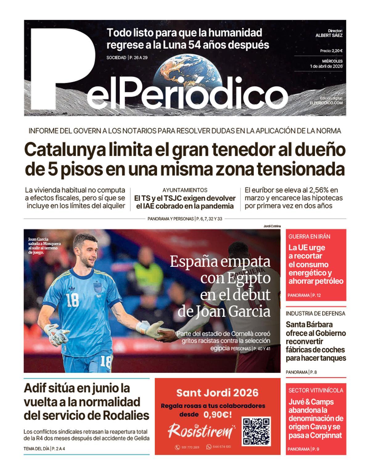 La portada de EL PERIÓDICO del 1 de abril de 2026
