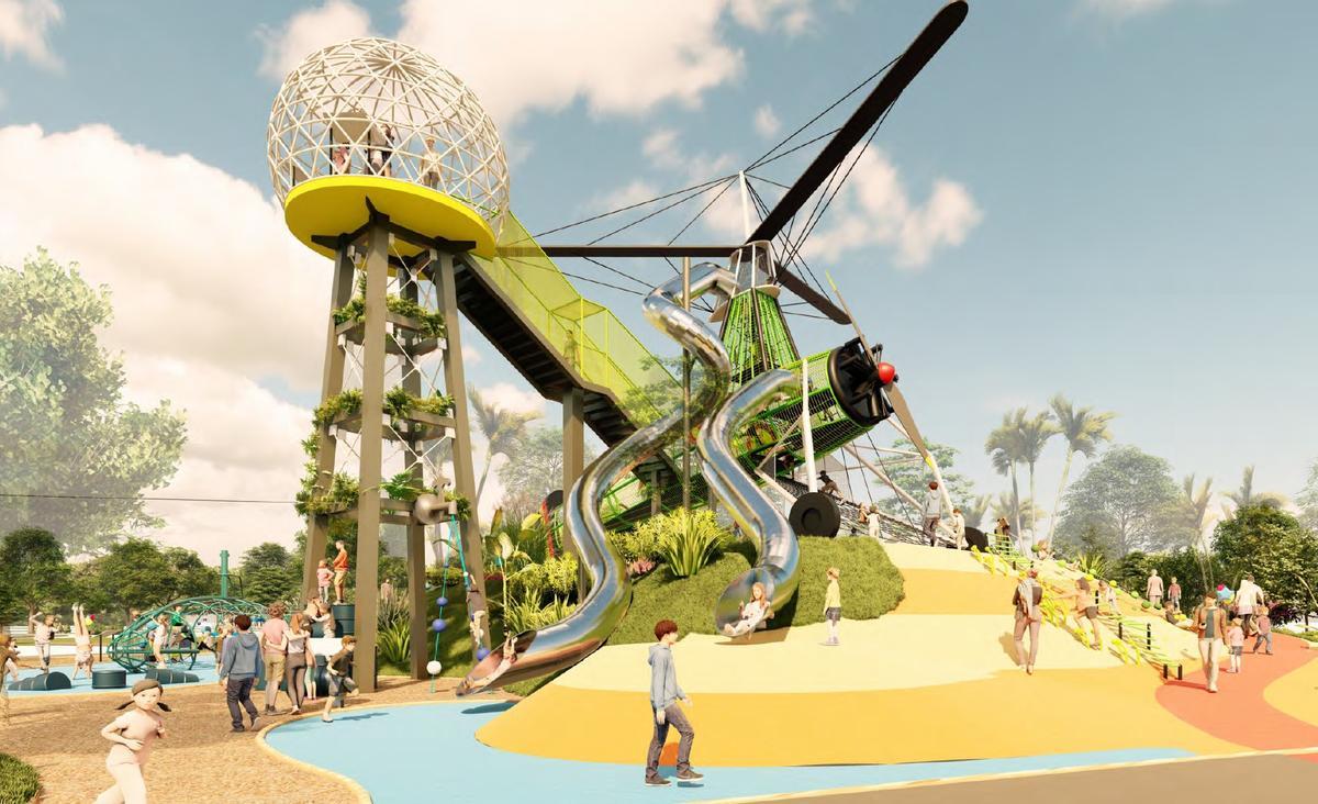 El conjunto se articula en torno a una estructura icónica inspirada en el autogiro, de gran altura y alta jugabilidad.