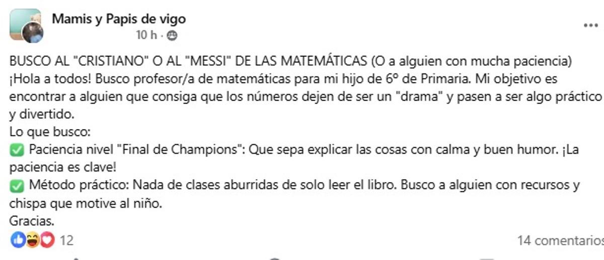 Anuncio en Facebook de una madre para buscar profe de mates para su hijo.