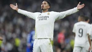 Real Madrids Jude Bellingham celebrates after scoring the opening goal during the Spanish La Liga soccer match between Real Madrid and Getafe at the Santiago Bernabeu Stadium in Madrid, Spain, Sunday, Dec. 1, 2024. (AP Photo/Bernat Armangue) Associated Press/LaPresse. EDITORIAL USE ONLY/ONLY ITALY AND SPAIN