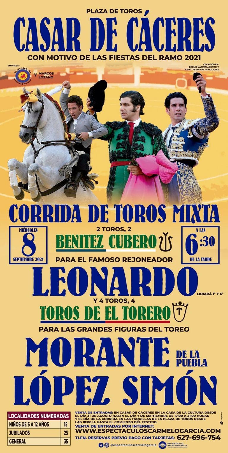 Cartel de toros del 8 de septiembre en Casar de Cáceres.