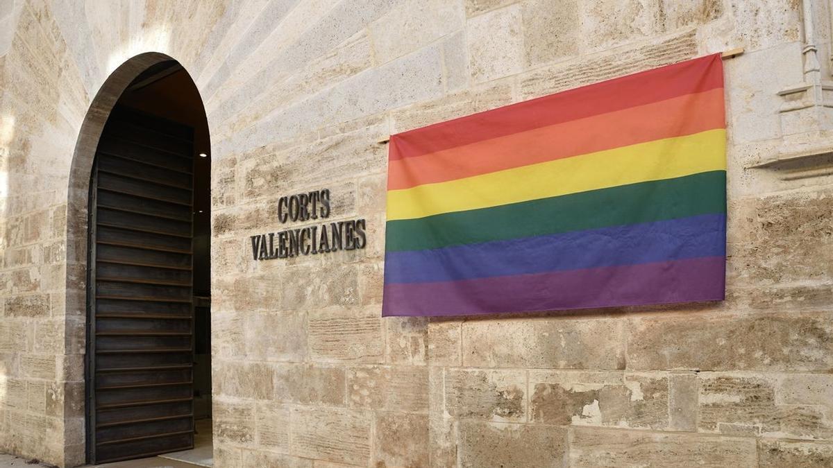 Bandera arcoíris en la fachada de las Cortes.