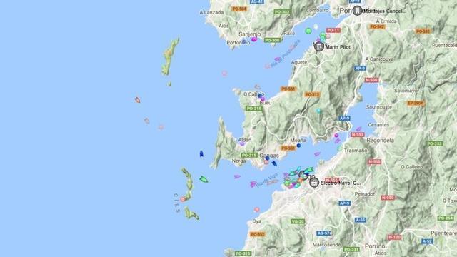 Imagen de "MarineTraffic" con los barcos volviendo a puerto.