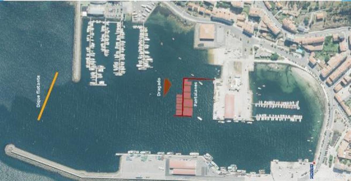 Localización del dique de abrigo flotante, la zona en la que se hizo el dragado y el punto en el que se instalará el pantalán.