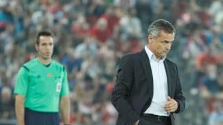 El entrenador del Elche Fran Escribá y el cuarto árbitro.