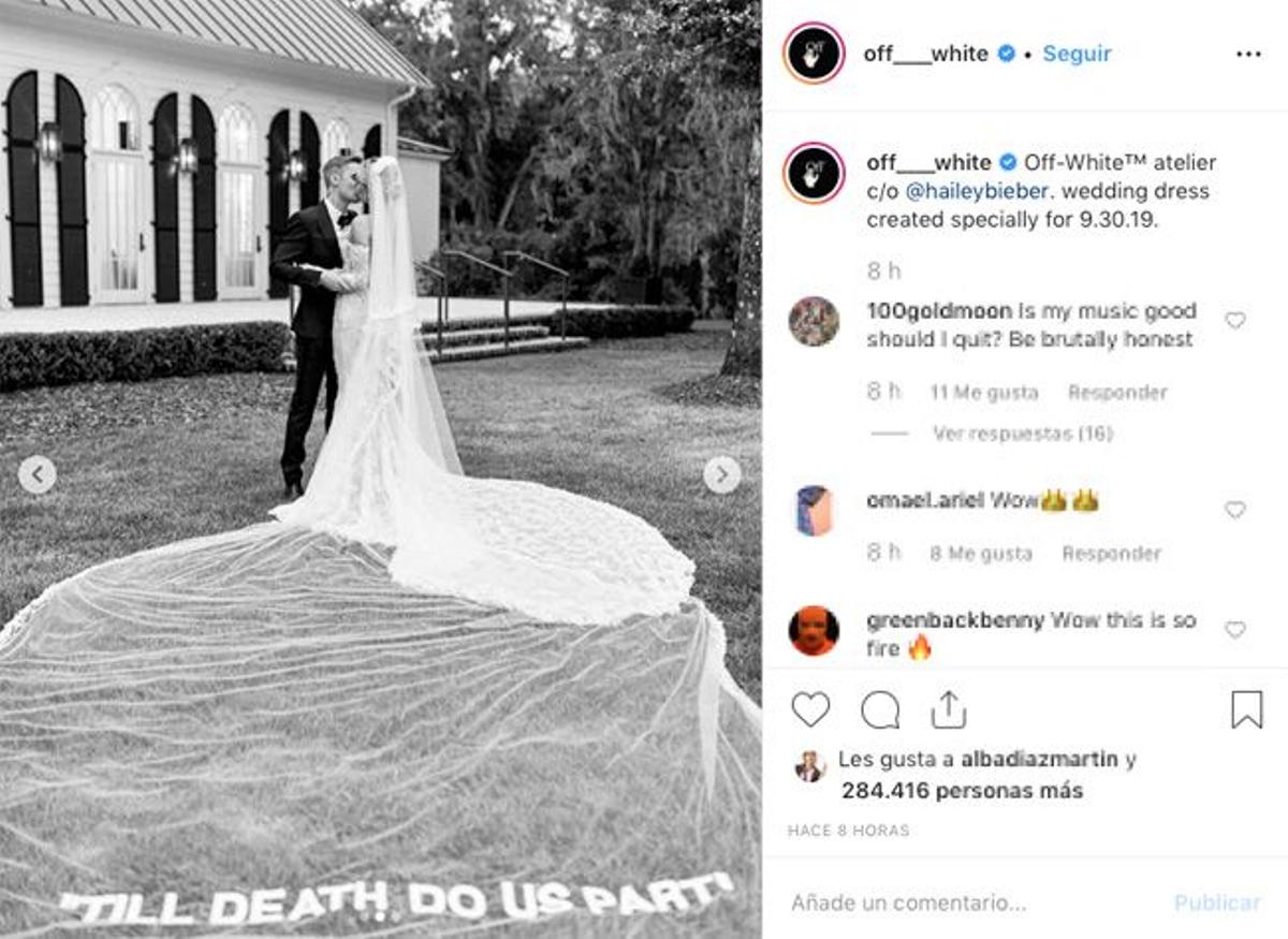 Imagen del velo con mensaje del vestido de novia de Hailey Baldwin en su boda con Justin Bieber