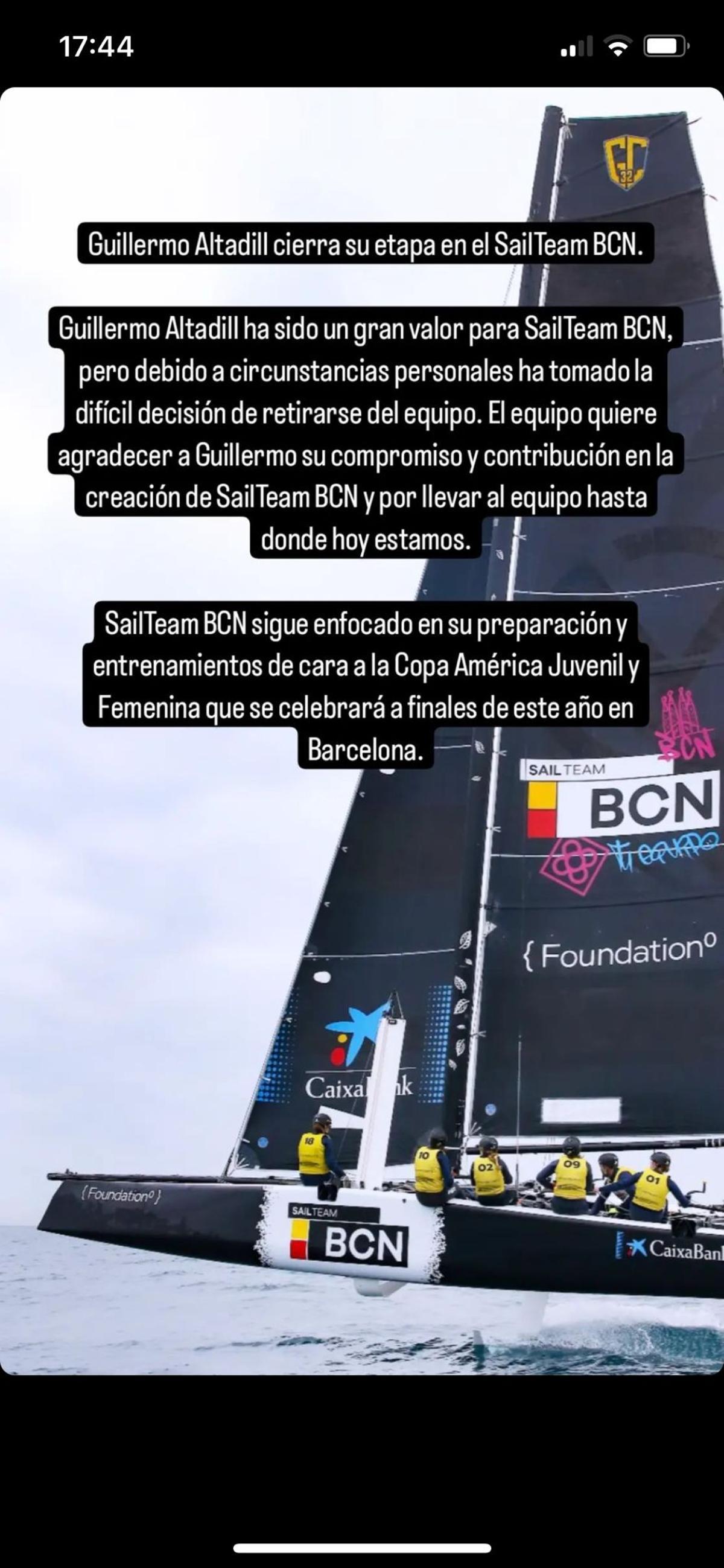Captura de la 'story' de la cuenta en Instagram de Sail Team BCN en la que se revela que Guillermo Altadill se desvincula del proyecto del equipo español de Copa América de vela.