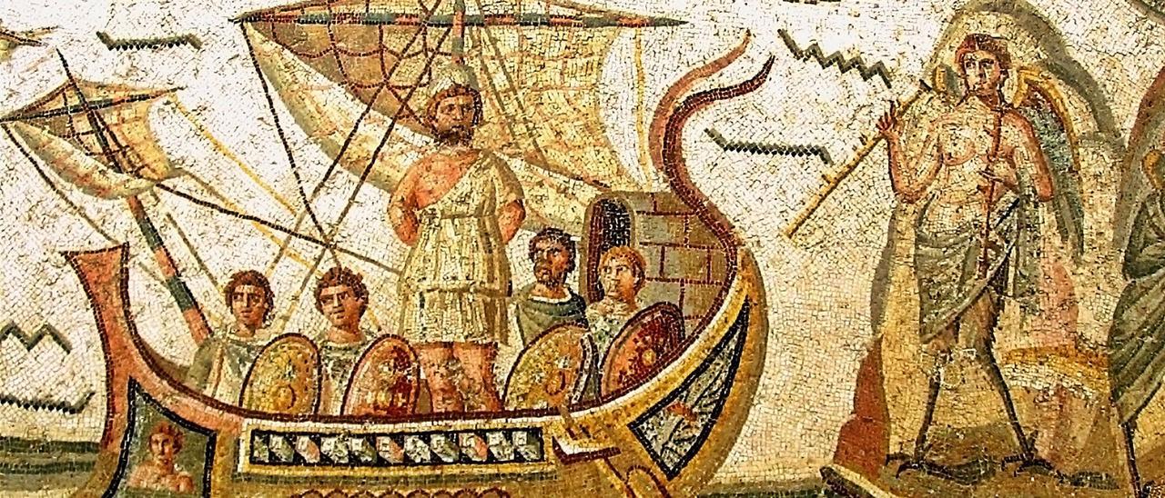 Mosaico romano amosando a Ulises no episodio da illa das sereas.