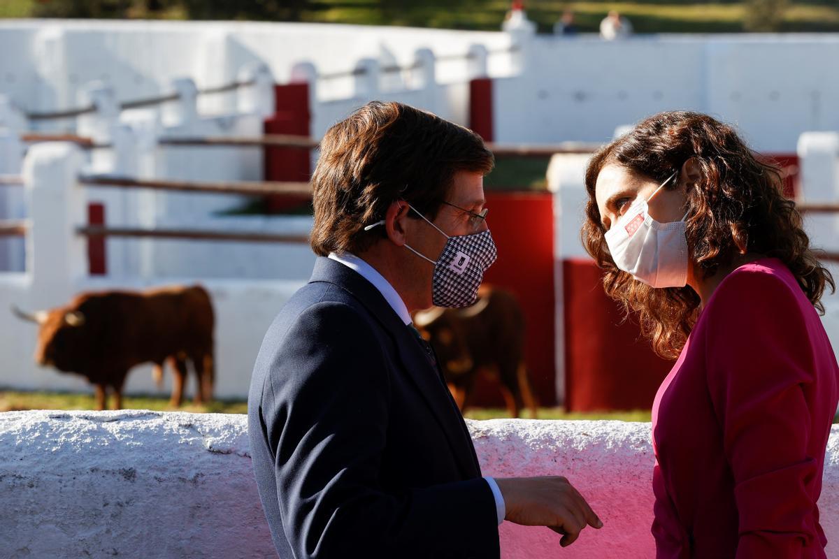 La presidenta de la Comunidad de Madrid, Isabel Díaz Ayuso, y el alcalde de Madrid, José Luis Martínez-Almeida, visitan la Escuela de Tauromaquia José Cubero &quot;Yiyo&quot;, este jueves en Madrid.