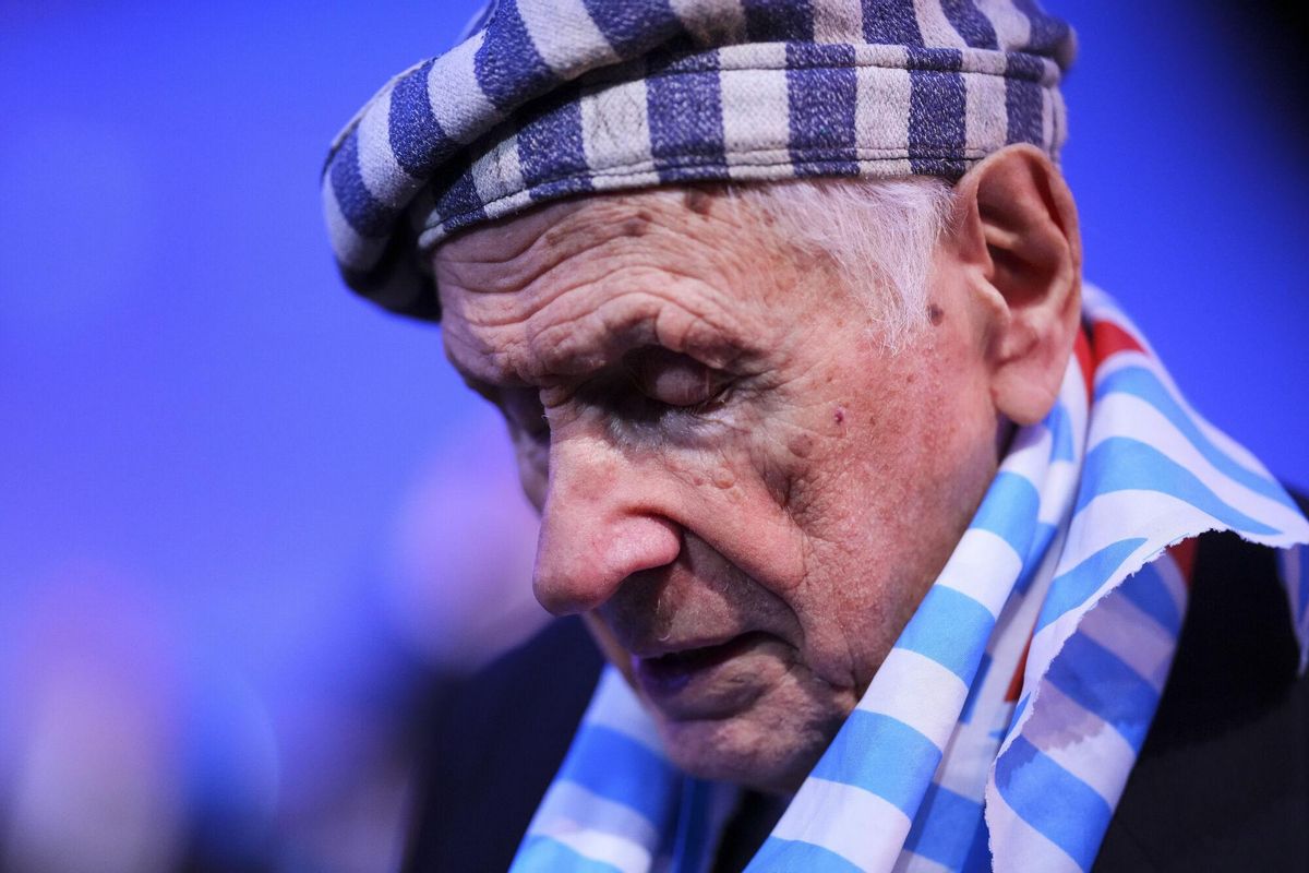 Holocaust survivor Stanislaw Zalewski attends the Commemoration Ceremony of the 80th Anniversary of the Liberation of Auschwitz, in Oswiecim, Poland, on Monday, Jan. 27, 2025. (Sean Kilpatrick/The Canadian Press via AP). EDITORIAL USE ONLY / ONLY ITALY AND SPAIN