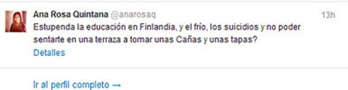 El polèmic tuit d’Ana Rosa Quintana sobre el reportatge de ’Salvados’ sobre Finlàndia.