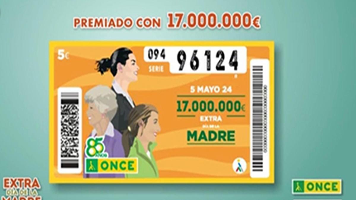 Imagen del cupón de la ONCE con el número y la serie a la que correspondieron los 17 millones de euros en el sorteo del Día de la Madre.
