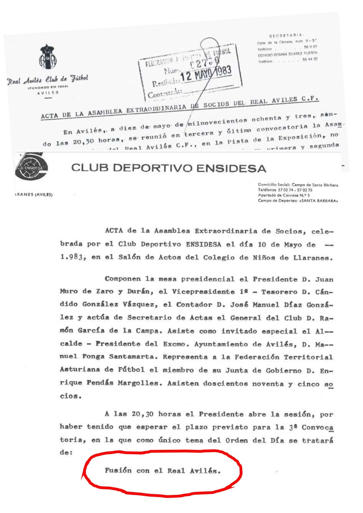 Extracto de las actas correspondientes a las asambleas extraordinarias que los desaparecidos Real Avilés CF y CD Ensidesa completaron el 10 de mayo de 1983, para aprobar su “fusión”.