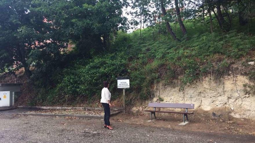 La concejala de Obras, Marta Freire, inspecciona la zona de donde se retiró el vertedero en A Cerradiña y en donde se colocó un banco y un cartel de prohibido arrojar basura. // G.N.