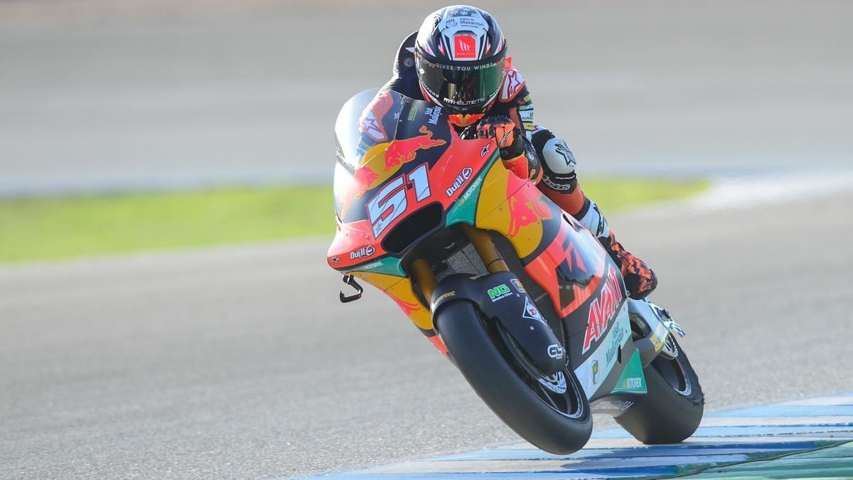 Pedro Acosta, rodando con la nueva Moto2 en Jerez