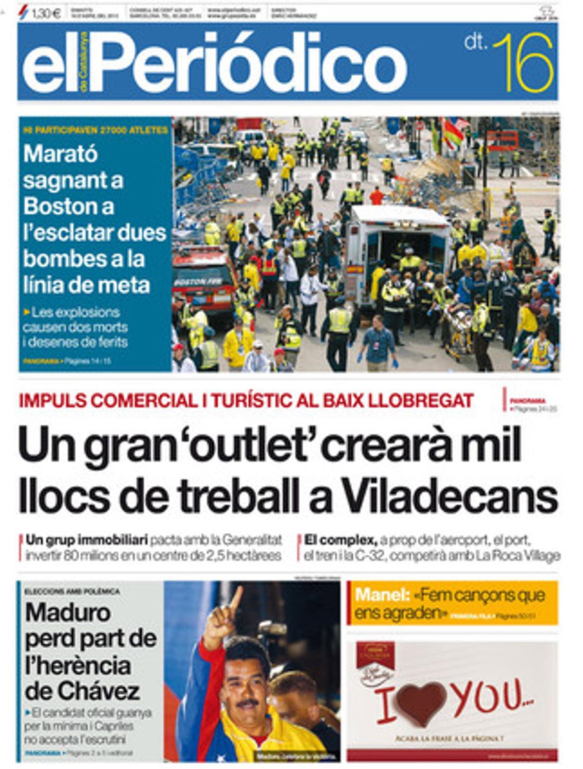 Portada d’EL PERIÓDICO d’aquest dimarts, 16 d’abril.