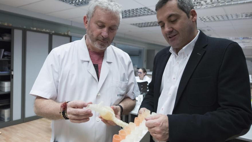 Xavier Camí i Pablo Collera amb mostres d&#039;aorta que han sortit de la impressora 3D.