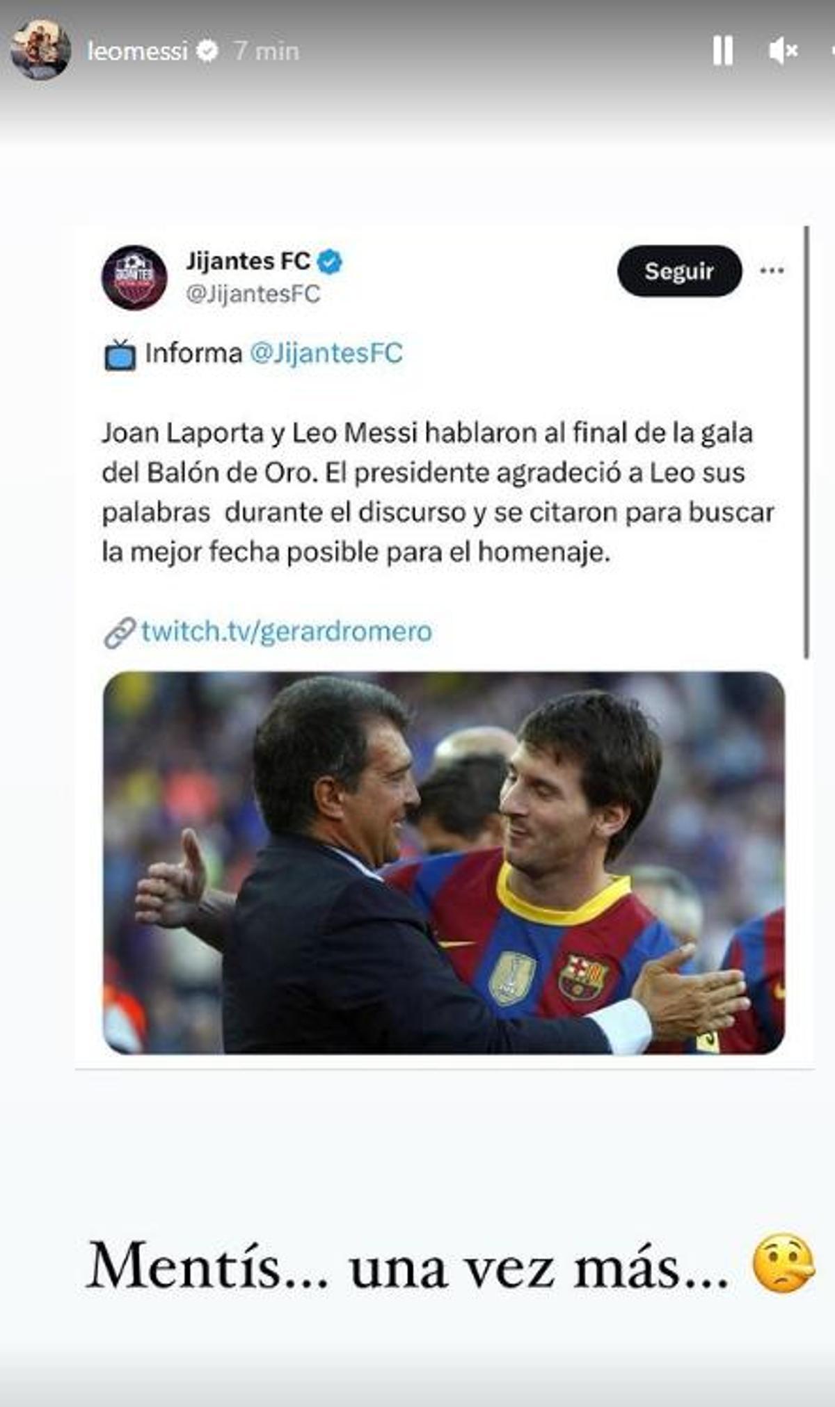 Captura de Leo Messi de su Instagram, donde desmiente a Gerard Romero