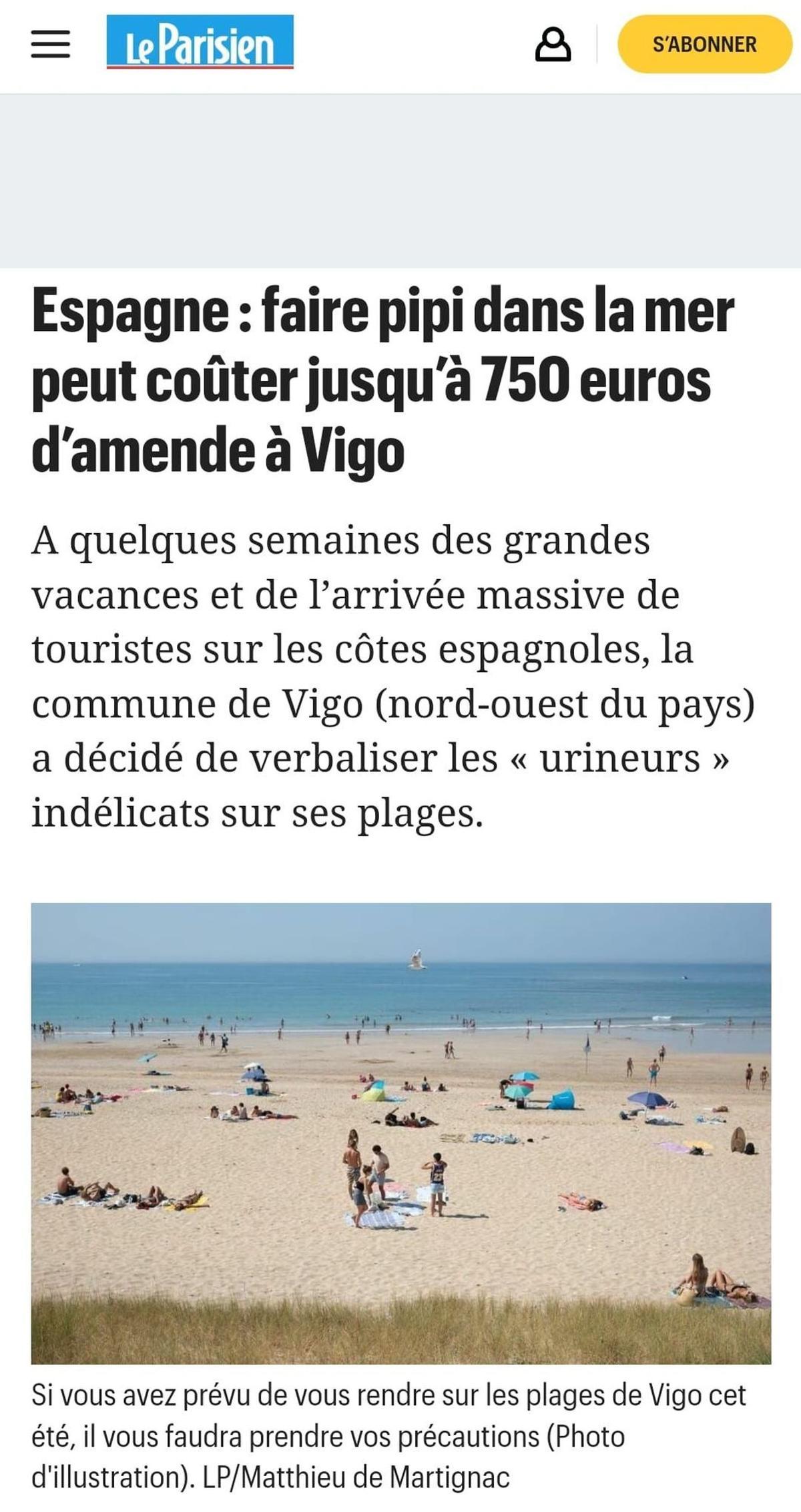 Artículo de 'Le Parisien' sobre la multa por orinar en las playas de Vigo.