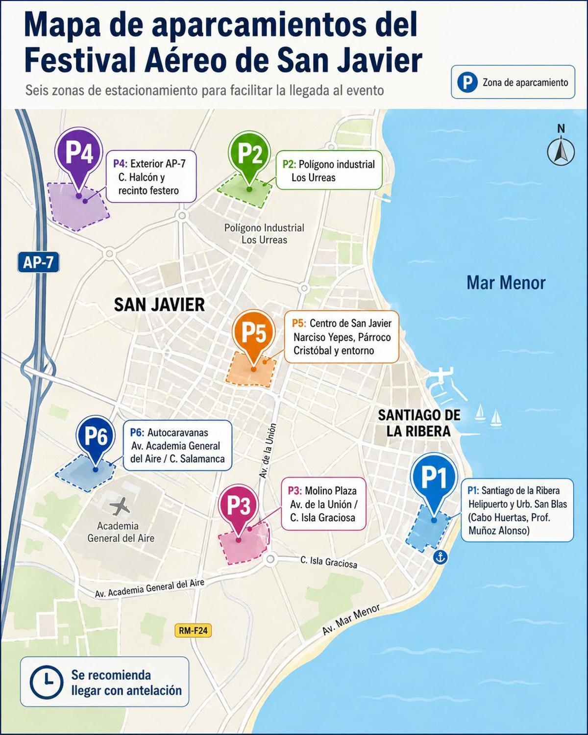 Zonas de aparcamiento para asistir al Festival Aéreo de San Javier