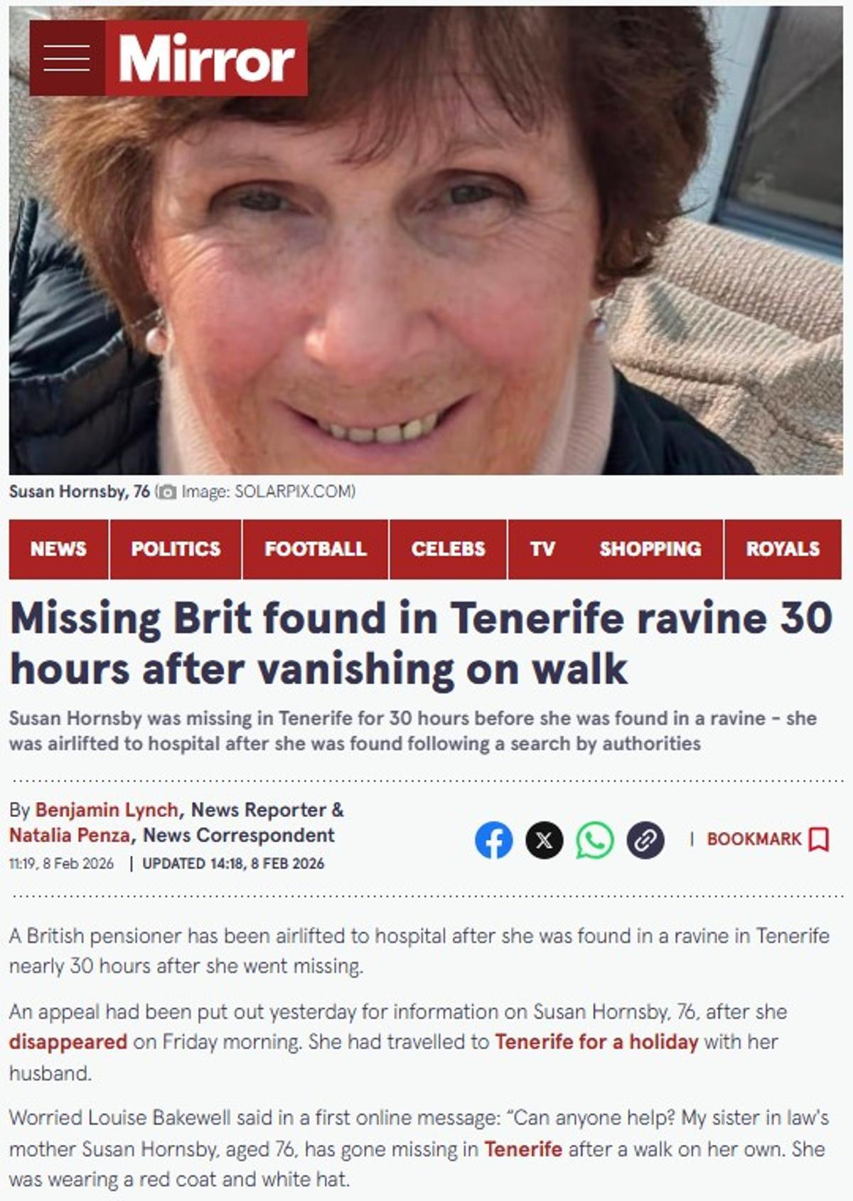 Captura de la portada de la edición digital del domingo de The Mirror con la imagen de Susan Hornby