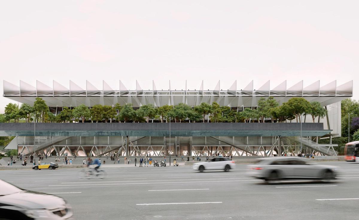 Recreación del nuevo Palau Multifuncional que contará con dos plantas y una pasarela enjardinada que unirá el actual Palau de Congressos y el Palau de Comunicacions.