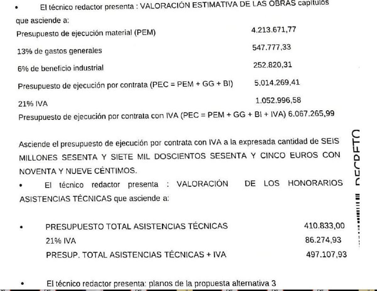 Extracto del informe en el que se valoran las obras que necesita el edificio tras su adquisición por cuatro millones de euros