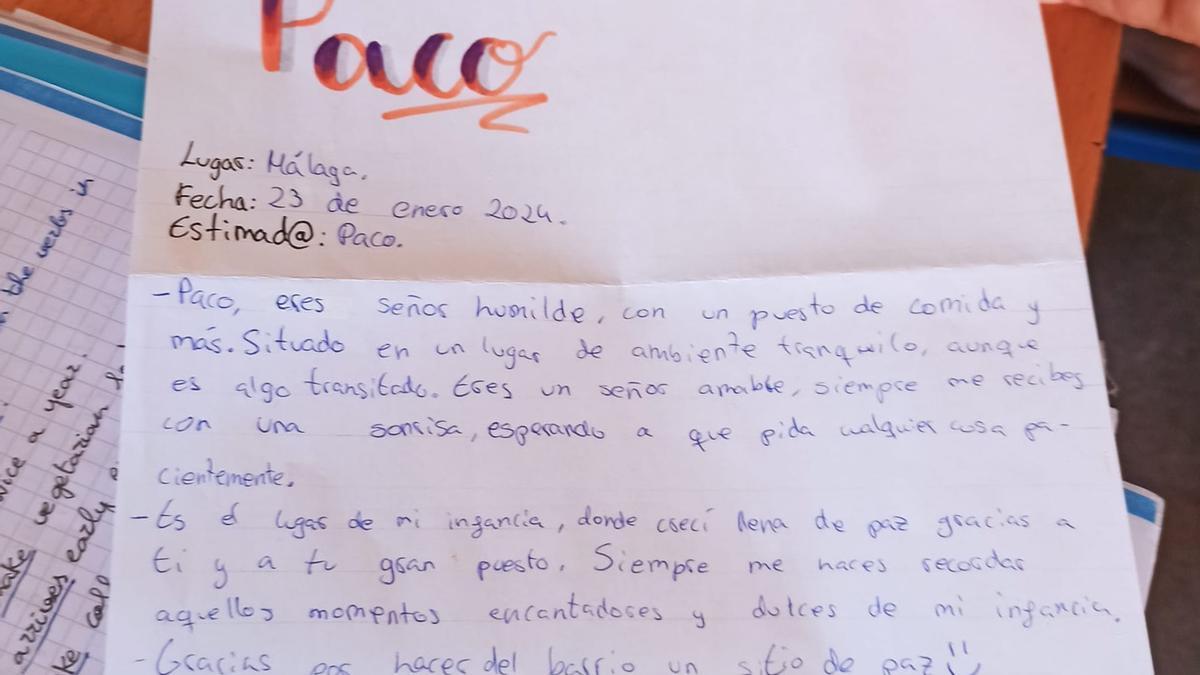 Carta que recibió Paco, el veterano quiosquero de Portada Alta