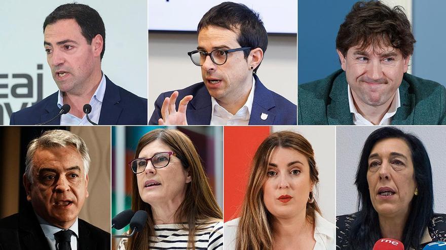 Imanol Pradales (PNV), Pello Otxandiano (EH Bildu), Eneko Andueza (PSE), Javier de Andrés (PP), Miren Gorrotxategi (Podemos), Alba García (Sumar) y Amaia Martínez (Vox).