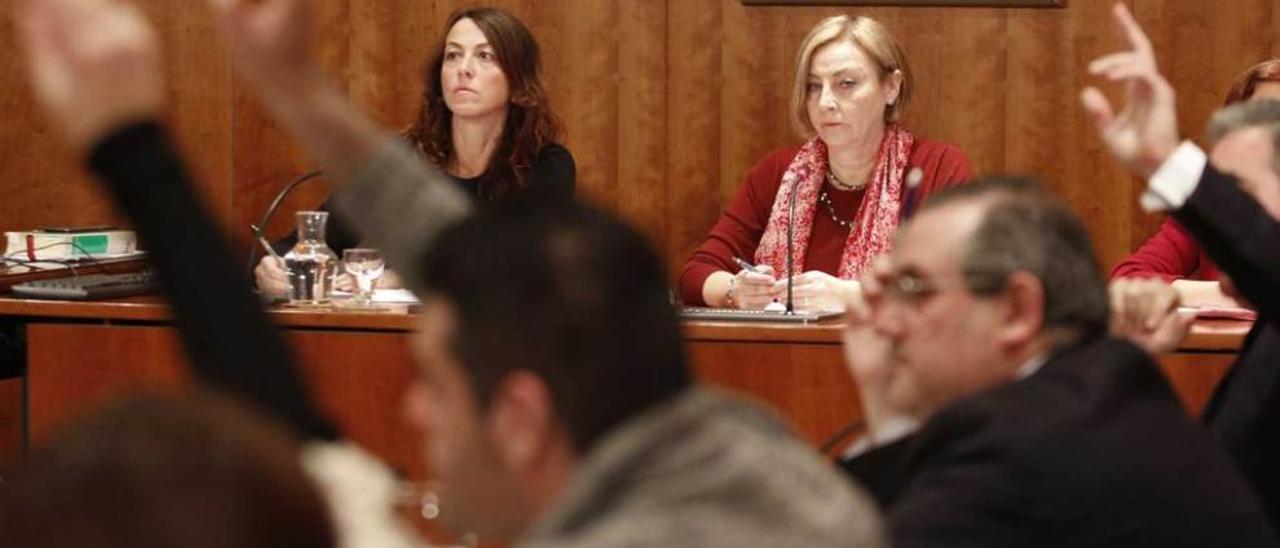 Votación durante el Pleno extraordinario del 27 de noviembre de 2015, con la alcaldesa de Avilés, Mariví Monteserín, en el centro.