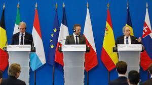 Por la izquierda, los ministros de Industria Adolfo Urso, Marc Ferracci y Jordi Hereu.