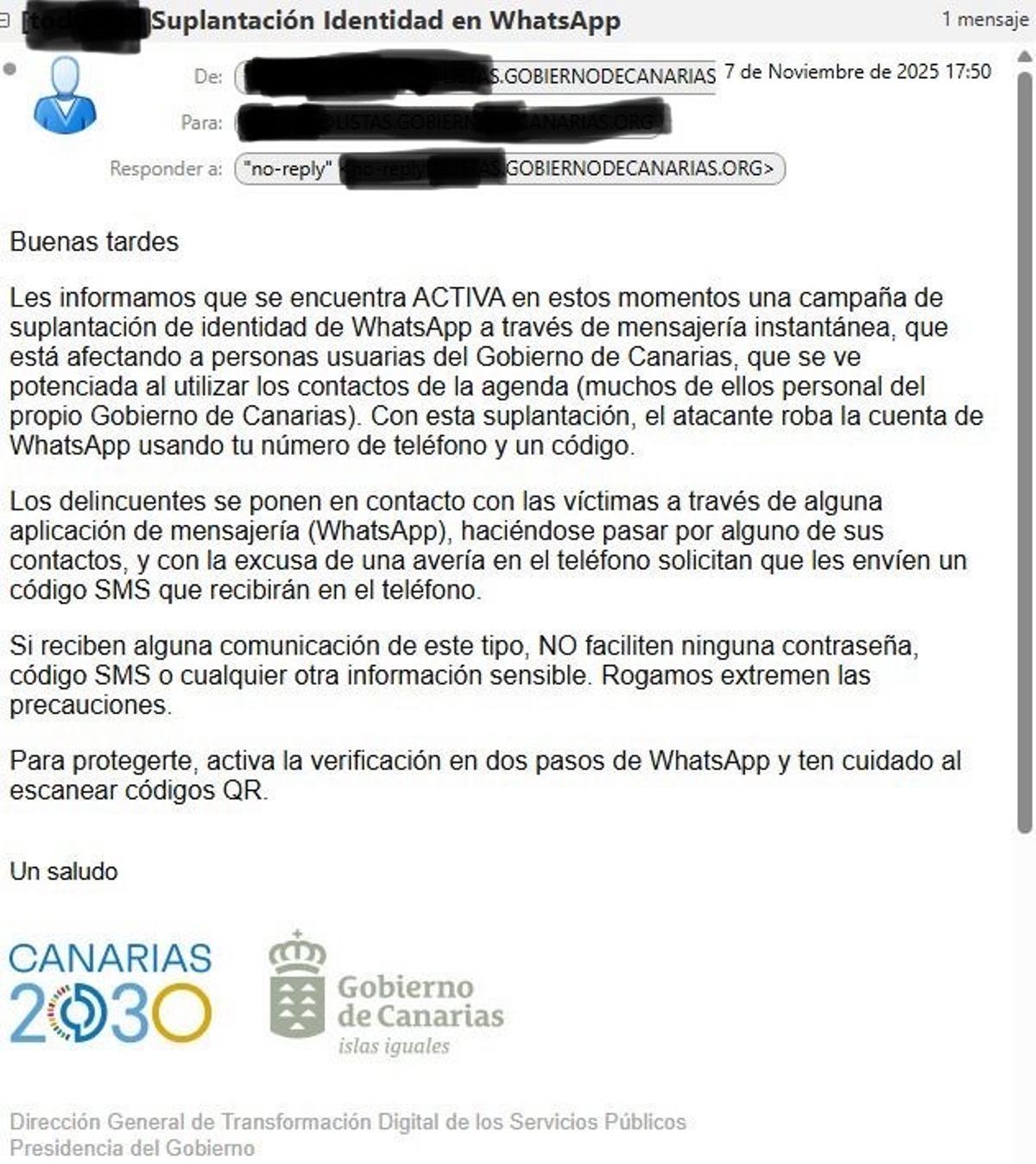 Correo electrónico enviado a toda la plantilla y cargos del Gobierno de Canarias.