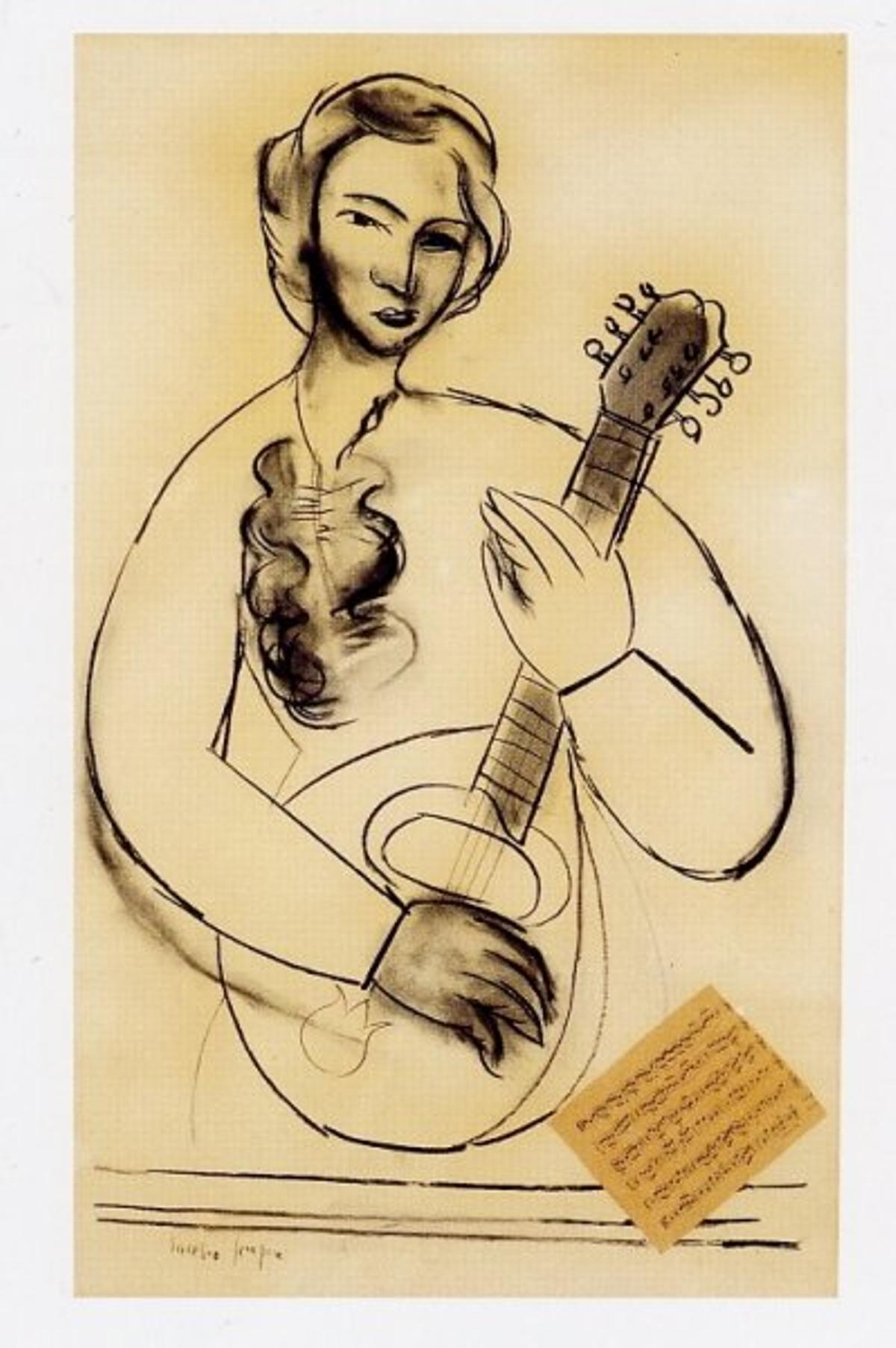 &quot;Mujer con mandolina&quot;, dibujo con collage realizado en 1949,