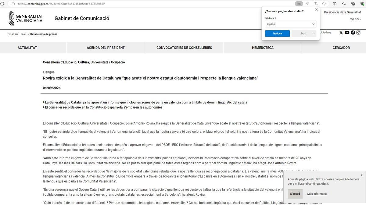 Nota de premsa de la Conselleria d’Educació que el traductor automàtic identifica que està escrita en "català".