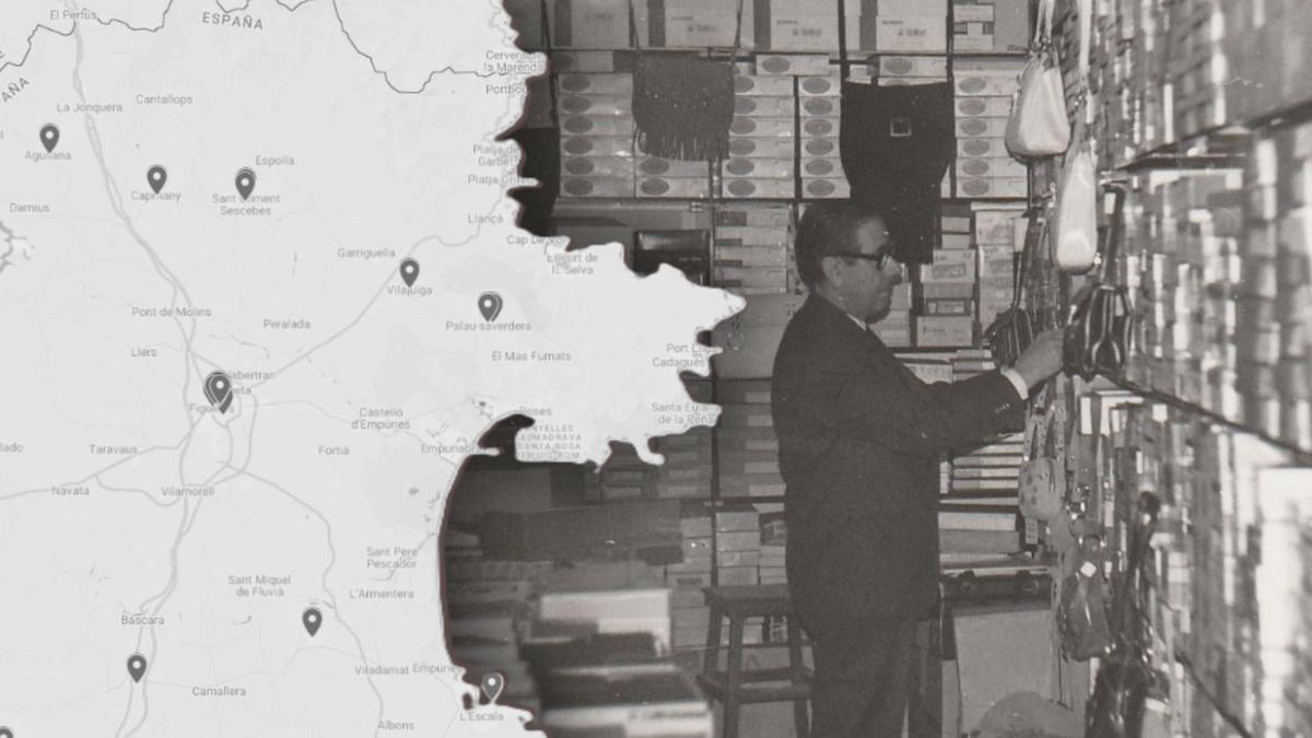 A l'esquerra, el mapa. A la dreta, la botiga Mitges Casals de Figueres (ara Casals Promise), un dels negocis centenaris.