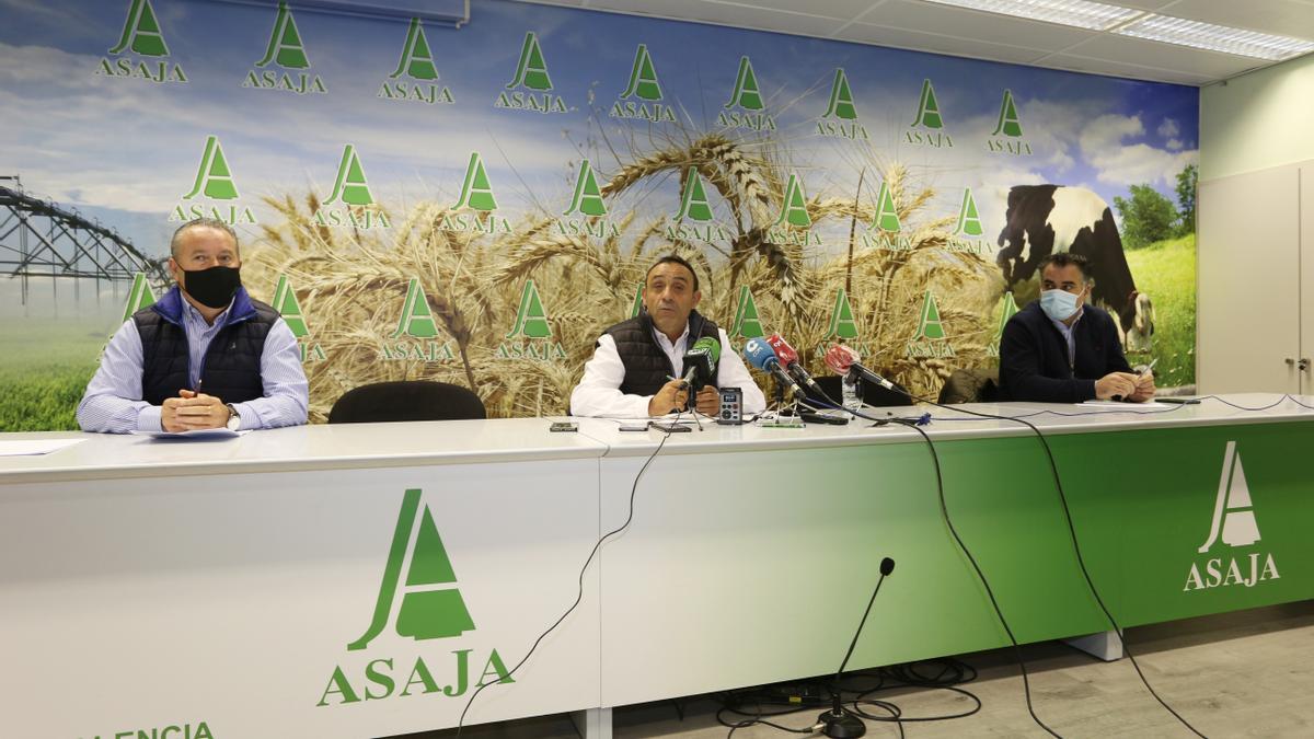 Los presidentes autonómico y provincial de Asaja, Donaciano Dujo (I) y Honorato Meneses (C), respectivamente, durante la rueda de prensa.